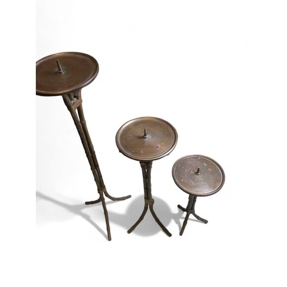 Set 3 MCM bamboo brass candle Holders Staggered Vintage decor - Picture 6 of 7